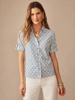 J Mclaughlin Cornelia Shirt Sandshell Print Catalina Cloth SZ M Blue White NWOT